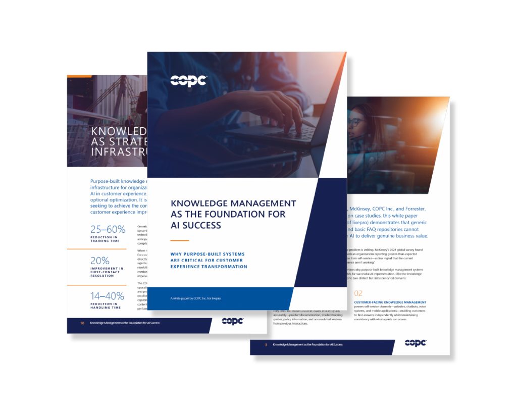 Preview of the Knowledge Management as the Foundation for AI Success whitepaper by COPC Inc. and livepro, showing key stats including 25–60% reduction in training time, 20% improvement in first-contact resolution, and 14–40% reduction in handling time.