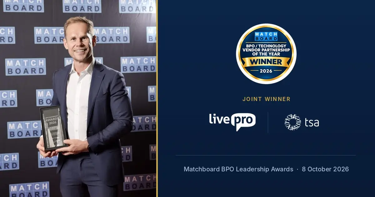 Phil Nakkan of livepro holding the BPO / Technology Vendor Partnership of the Year trophy, alongside the Matchboard BPO Leadership Awards 2026 joint winner badge for livepro and TSA Group.